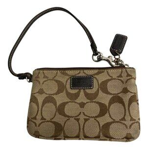 Coach Signature Brown Canvas Wristlet With Leather Trim & Zip Closure